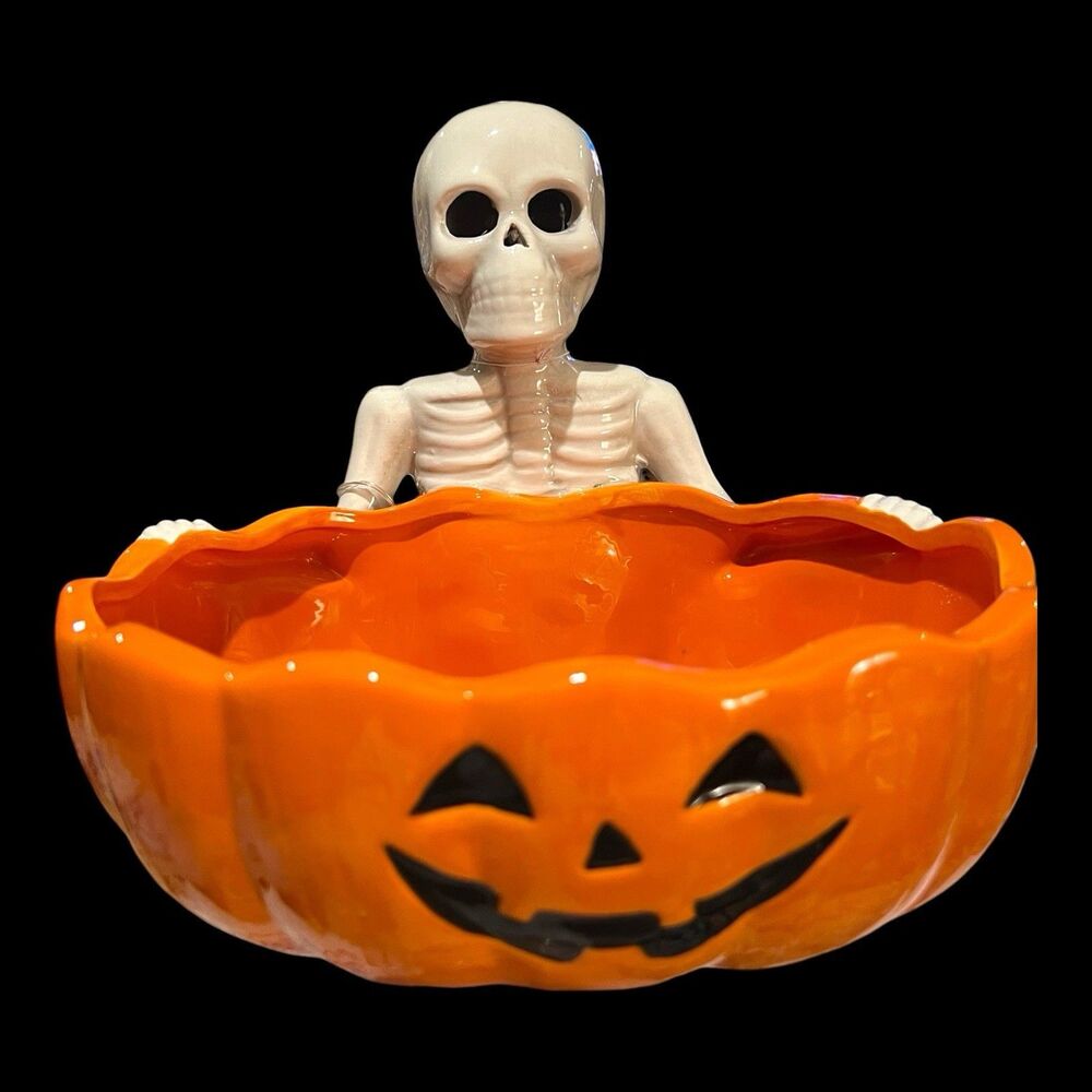 Spooky Hollow Lighted Skeleton With Jack O Lantern Candy Bowl LED Glowing Eyes